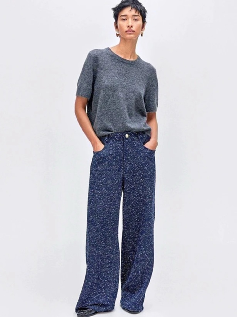H&M Bouclé Pants Wide Leg in Blue